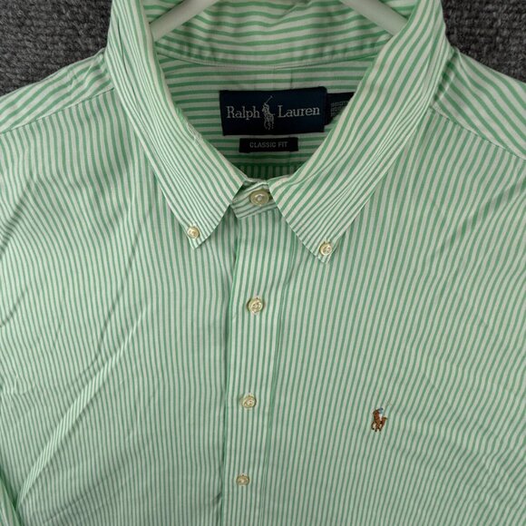 Ralph Lauren Men Button Up Shirt Long Sleeve Green Striped Classic 16.5 34/35 - Picture 1 of 16